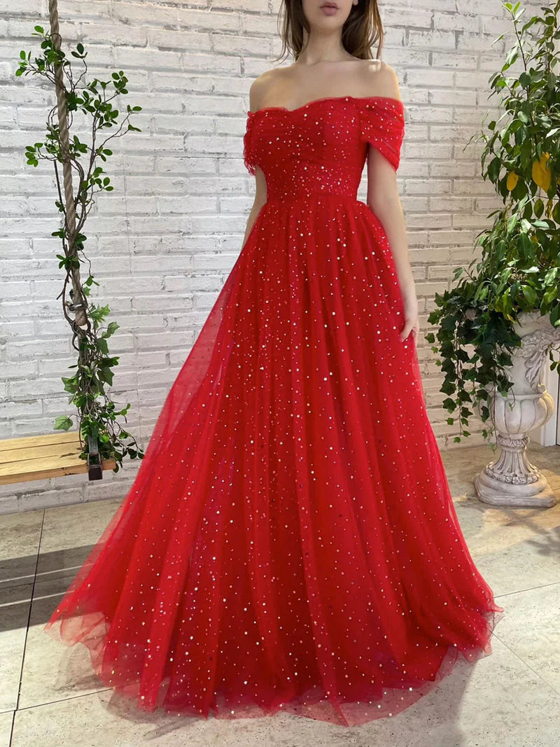 Hübsches, langes, schulterfreies Ballkleid in A-Linie in Rot mit Pailletten