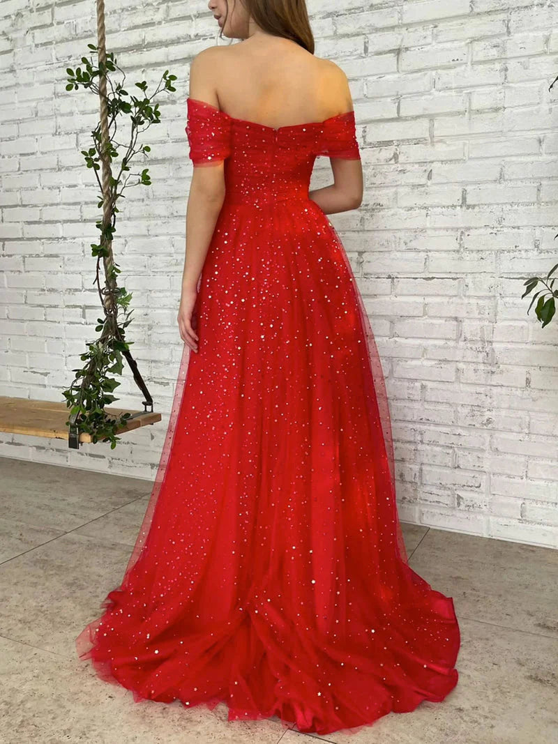 Hübsches, langes, schulterfreies Ballkleid in A-Linie in Rot mit Pailletten