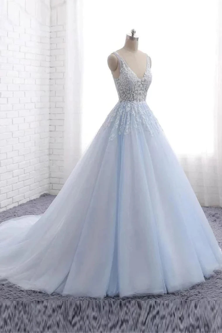 Prinzessin Langes Ballkleid Spitze Tüll Ballkleider, V-Ausschnitt Abendkleider 