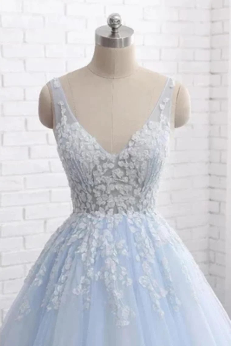 Prinzessin Langes Ballkleid Spitze Tüll Ballkleider, V-Ausschnitt Abendkleider 