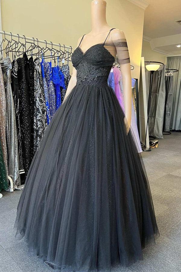 Langes Ballkleid im Prinzessinnen-Stil mit Herzausschnitt und schulterfreiem Schnitt aus schwarzem Tüll