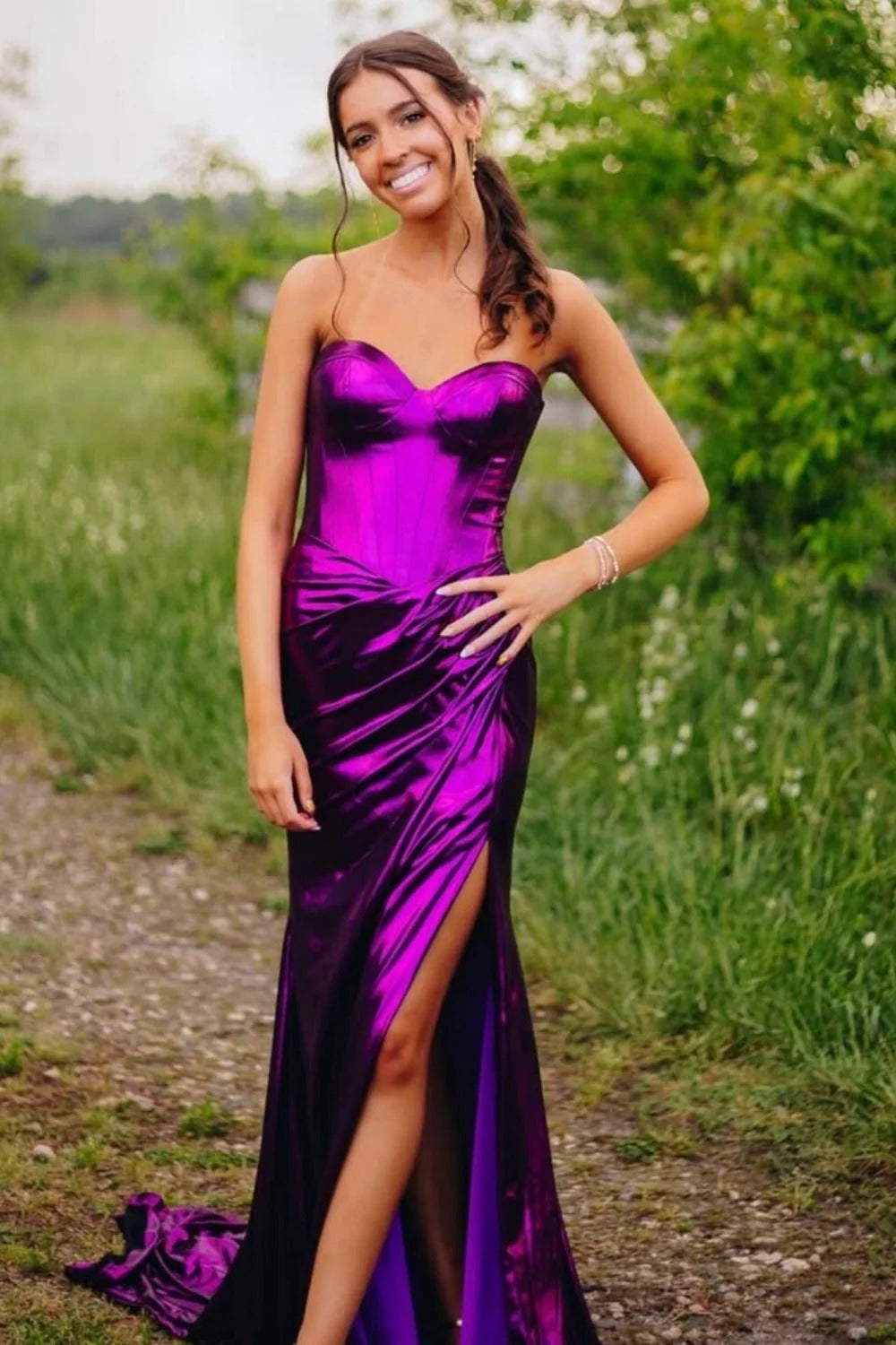 Purple Metallic Satin Mermaid Gown – Strapless Sweetheart Prom Dress with High Slit & Train
