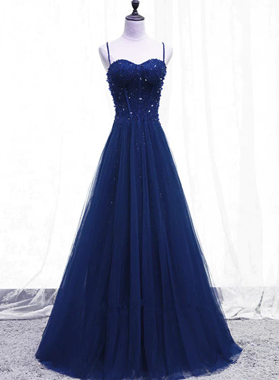 Elegantes, blaues, ärmelloses Ballkleid mit Perlen und Pailletten und dünnen Schulterträgern, transparentes, blaues, bodenlanges Abendkleid in A-Linie