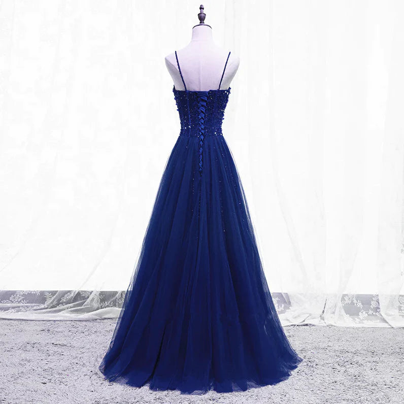 Elegant blue beaded sequin sleeveless thin shoulder strap ball dress, blue A-line sheer and floor length evening dress