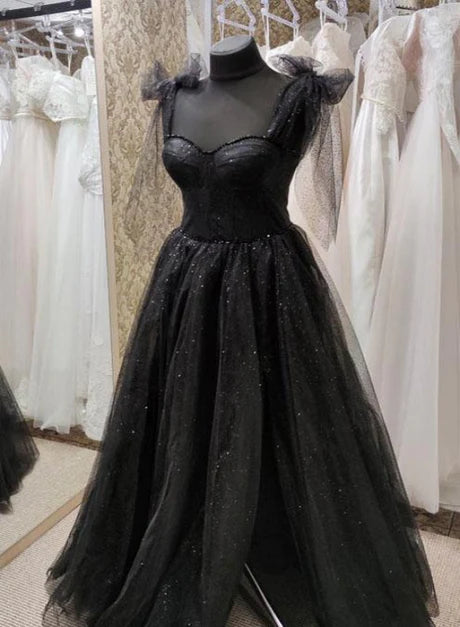 Robe de soirée longue en tulle noir avec fente, longueur au sol