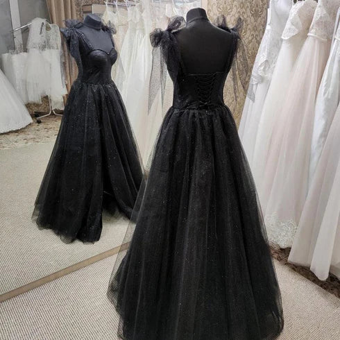Robe de soirée longue en tulle noir avec fente, longueur au sol