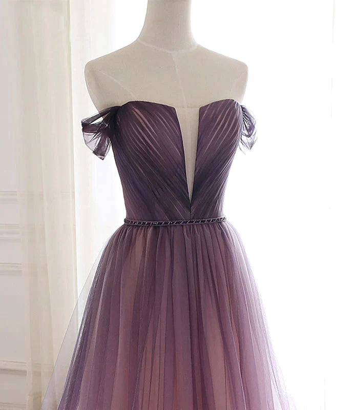 Robe de soirée élégante à épaules dénudées violettes, transparente, manches courtes, ceinture perlée, col en V profond, dos nu