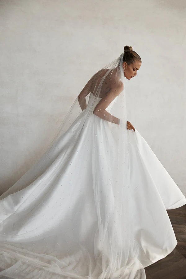 A-line V-neck side slit satin minimalist wedding dress for brides