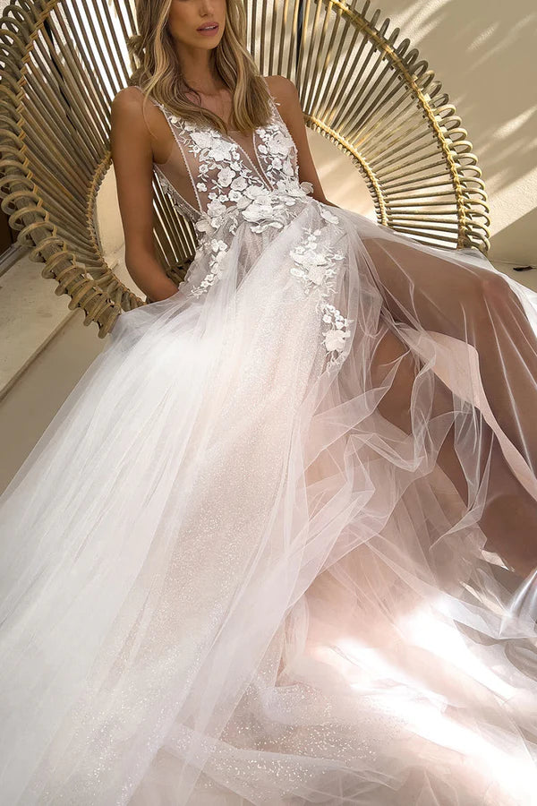 A Line Charming V-neck Lace Applique Bohemian Wedding Bridal Dress