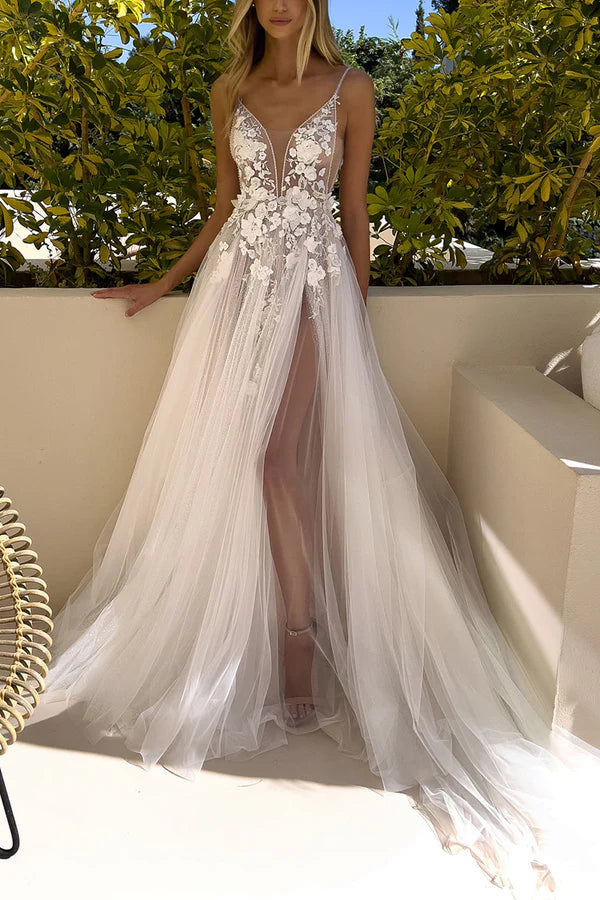 A Line Charming V-neck Lace Applique Bohemian Wedding Bridal Dress