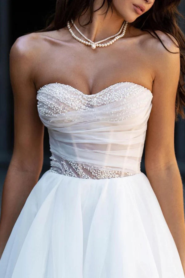 A line Sweetheart Hall casual wedding dress with sleeves, pearl countryside style bride dress