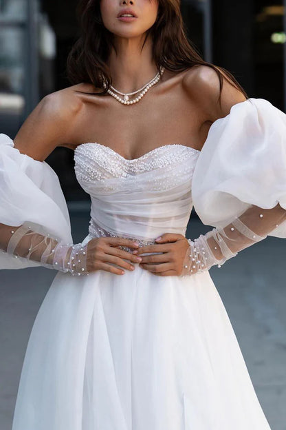 A line Sweetheart Hall casual wedding dress with sleeves, pearl countryside style bride dress