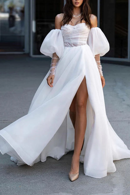 A line Sweetheart Hall casual wedding dress with sleeves, pearl countryside style bride dress