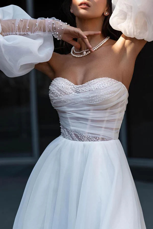 A line Sweetheart Hall casual wedding dress with sleeves, pearl countryside style bride dress
