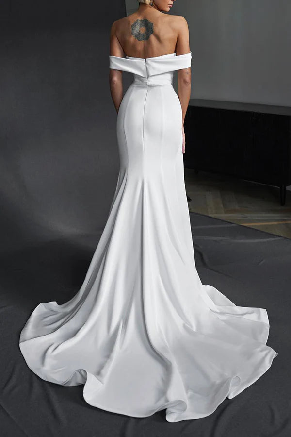 Meerjungfrau/Horn Schultergurt Brautkleid Satin Plissee Side Split Bohemian Brautkleid