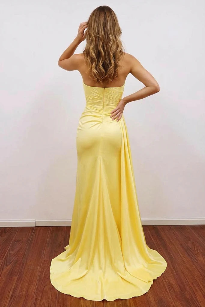 Radiant Lemon Yellow Mermaid Prom Dress with Strapless Neck, Ruched Bodice and Sweeping Train