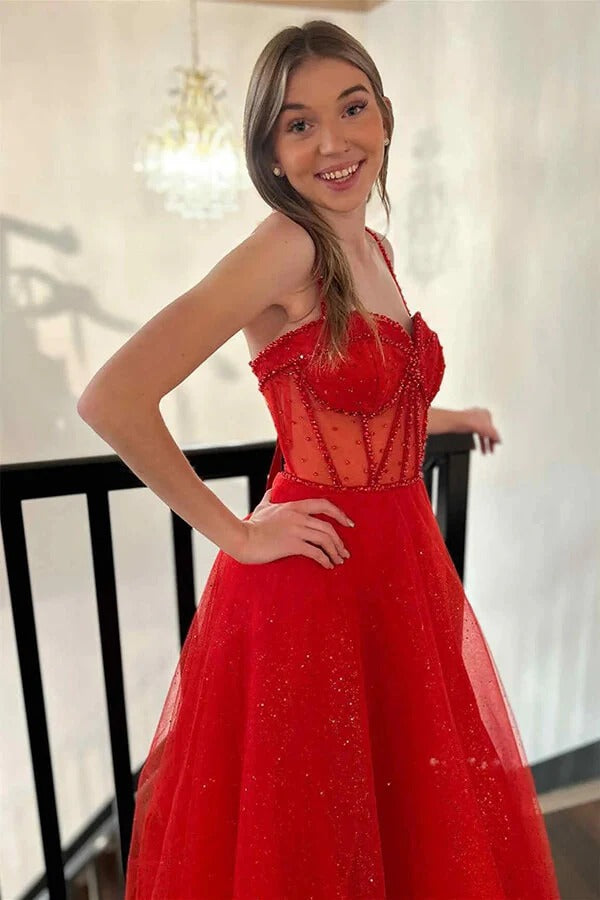 Red Beaded Sheer Corset Glitter Tulle Prom Gown – Spaghetti Strap High Slit Formal A-Line Dress