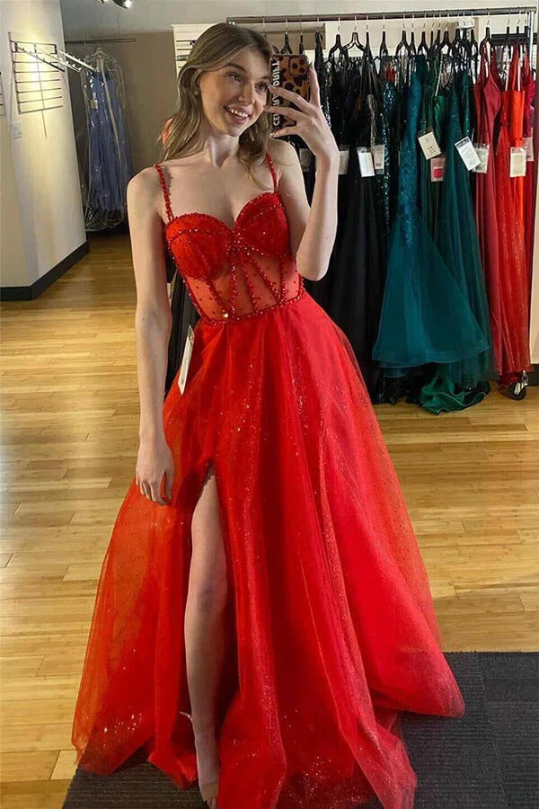 Red Beaded Sheer Corset Glitter Tulle Prom Gown – Spaghetti Strap High Slit Formal A-Line Dress