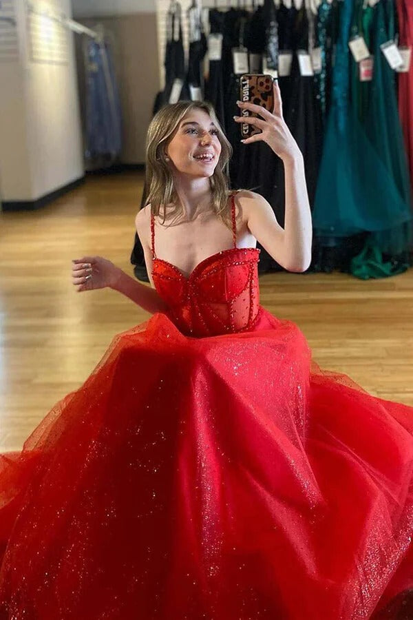 Red Beaded Sheer Corset Glitter Tulle Prom Gown – Spaghetti Strap High Slit Formal A-Line Dress
