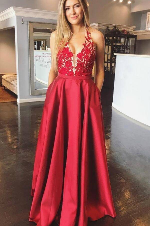 Red Halter Neck Lace Applique Open-Back Satin Ball Gown with Pockets