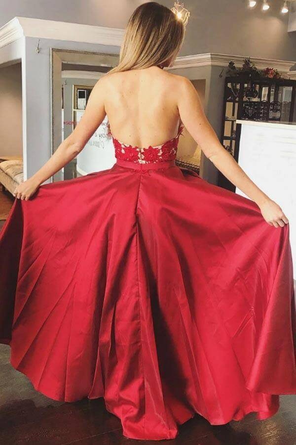 Red Halter Neck Lace Applique Open-Back Satin Ball Gown with Pockets