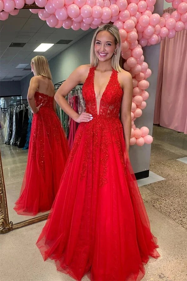 Red Halter Neck Lace Beaded Open-Back Tulle Ball Gown