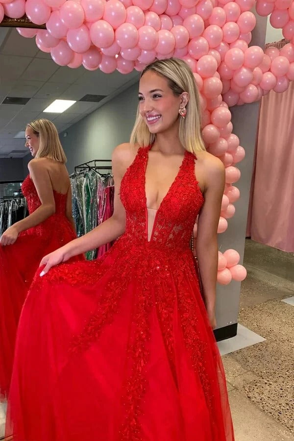 Red Halter Neck Lace Beaded Open-Back Tulle Ball Gown