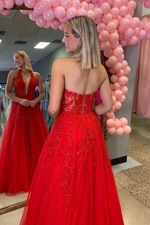 Red Halter Neck Lace Beaded Open-Back Tulle Ball Gown