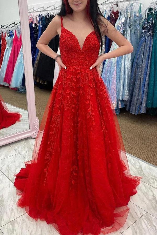 Red Lace Applique Tulle A-Line Prom Gown – V-Neck Lace-Up Back Formal Ball Gown with Train