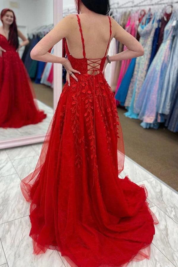 Red Lace Applique Tulle A-Line Prom Gown – V-Neck Lace-Up Back Formal Ball Gown with Train
