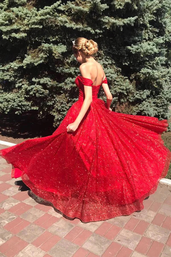 Red Off-The-Shoulder Glitter Tulle Ball Gown with Train