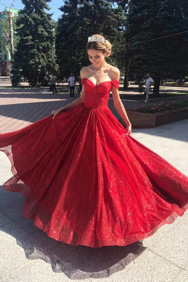 Red Off-The-Shoulder Glitter Tulle Ball Gown with Train