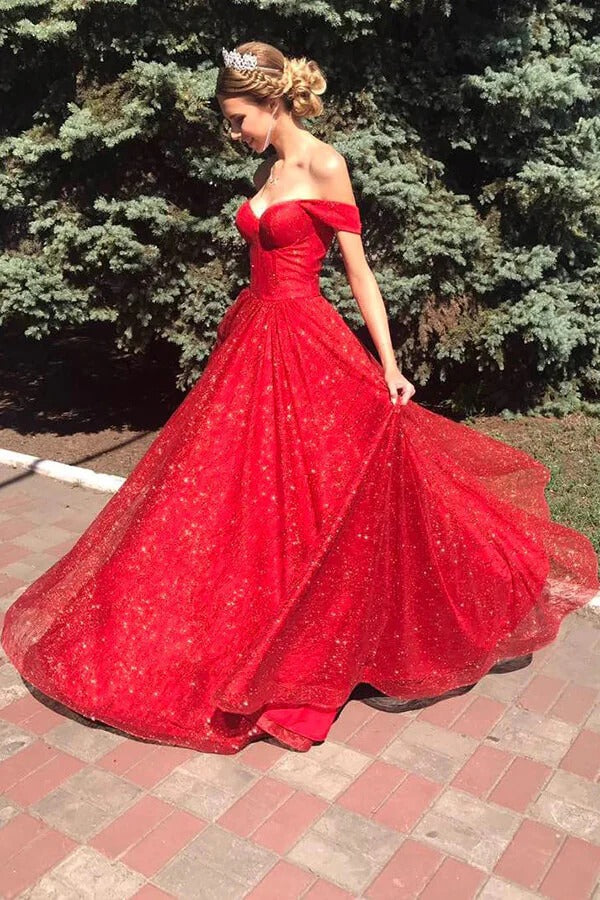 Red Off-The-Shoulder Glitter Tulle Ball Gown with Train