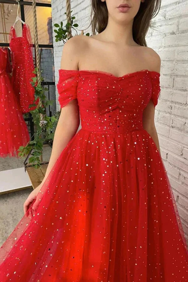 Red Off-the-Shoulder Glitter Tulle A-Line Ball Gown with Train