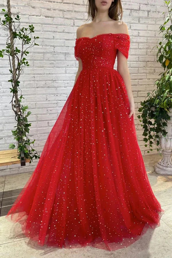 Red Off-the-Shoulder Glitter Tulle A-Line Ball Gown with Train