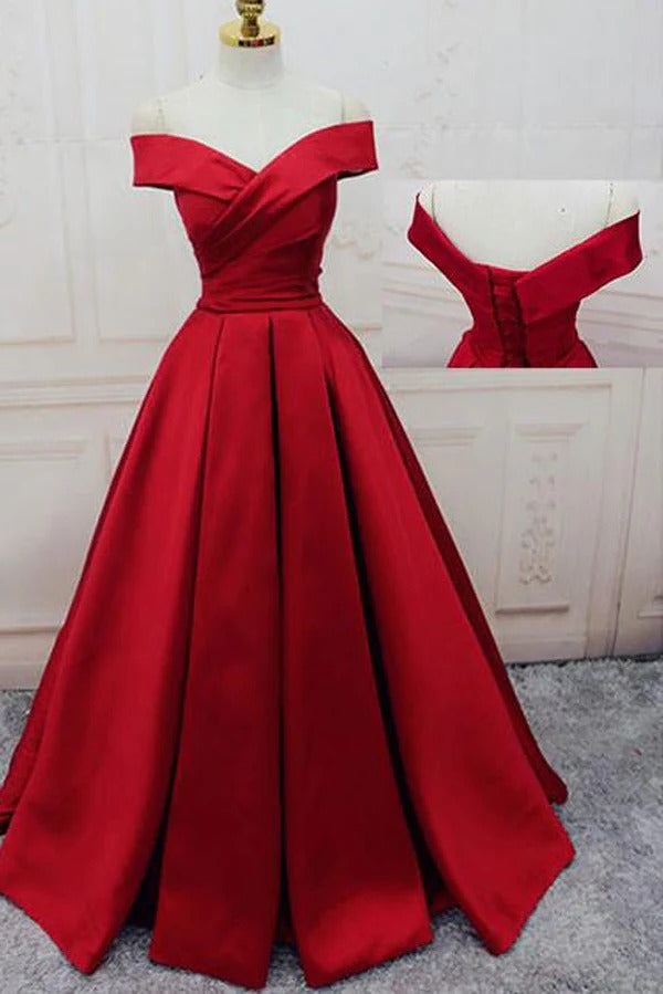 Red Satin Off-The-Shoulder Ball Gown with Lace-Up Back