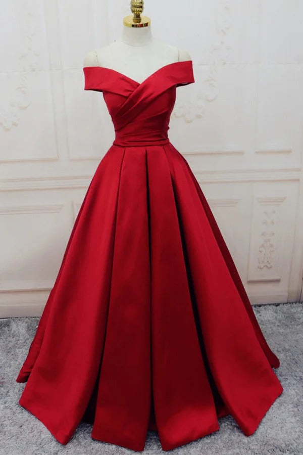 Red Satin Off-The-Shoulder Ball Gown with Lace-Up Back