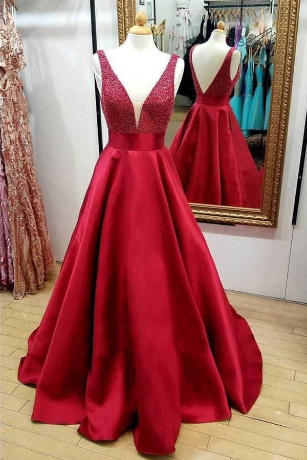 Red Satin Plunging V-Neck Beaded Bodice A-Line Ball Gown