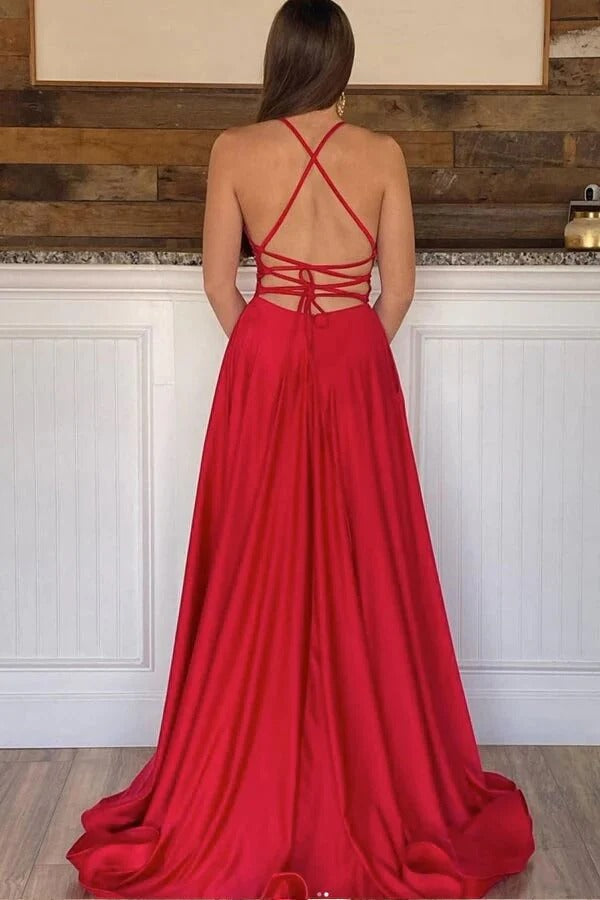 Red Satin Spaghetti Strap Maxi Dress with Lace-Up Back and Pockets