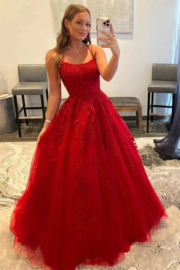 Red Spaghetti Strap Square Neck Open Back 3D Floral Lace Tulle Ball Gown with Train