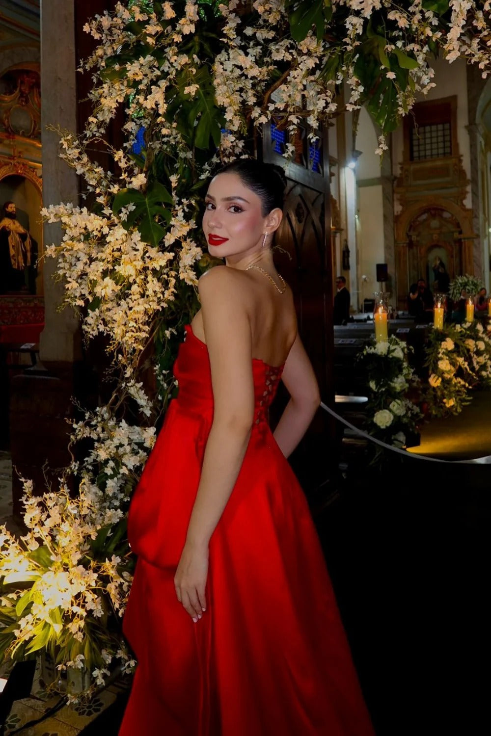Red Strapless Tiered Satin Backless Lace-Up Gown – Formal Evening Dress