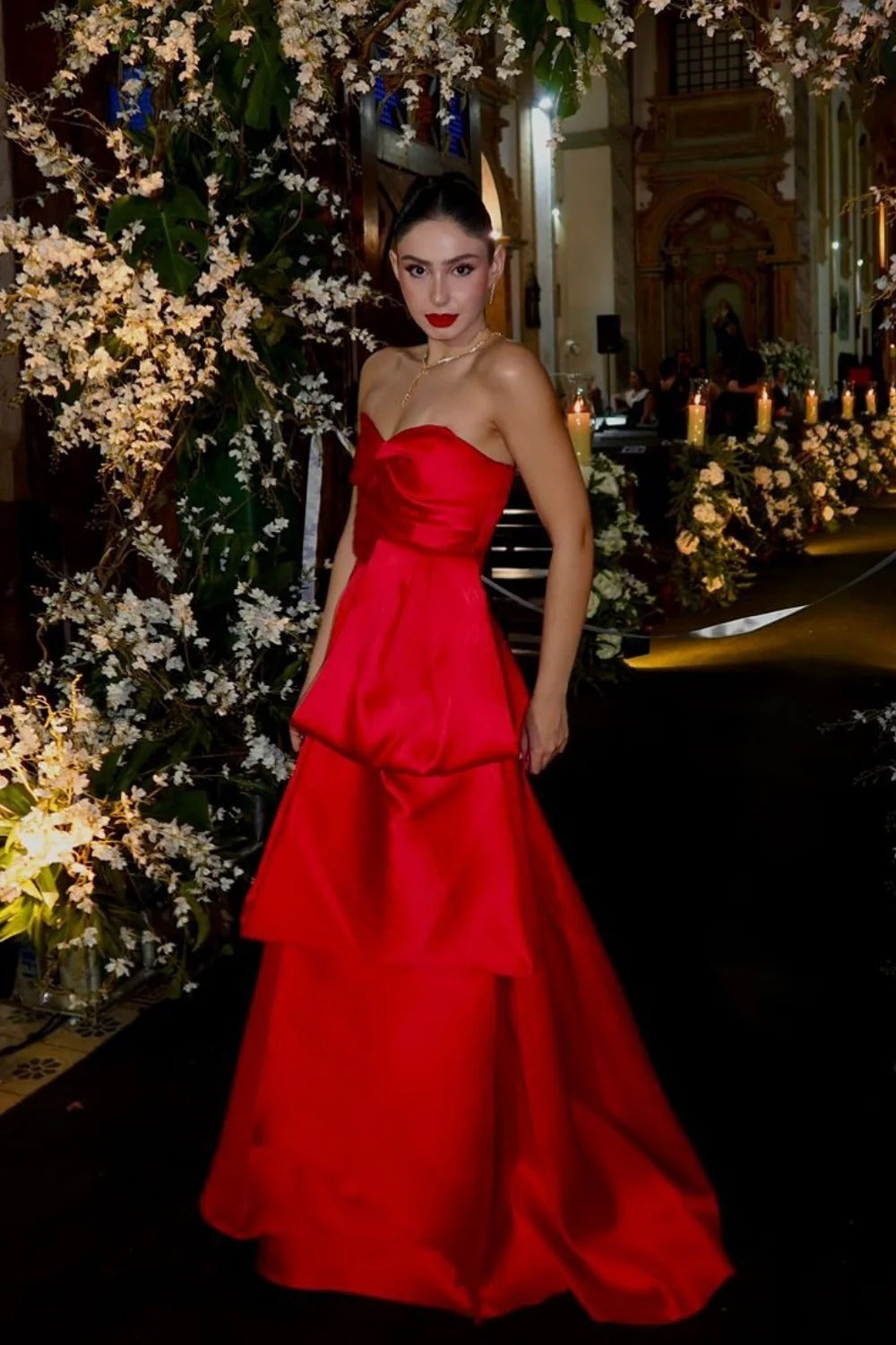 Red Strapless Tiered Satin Backless Lace-Up Gown – Formal Evening Dress