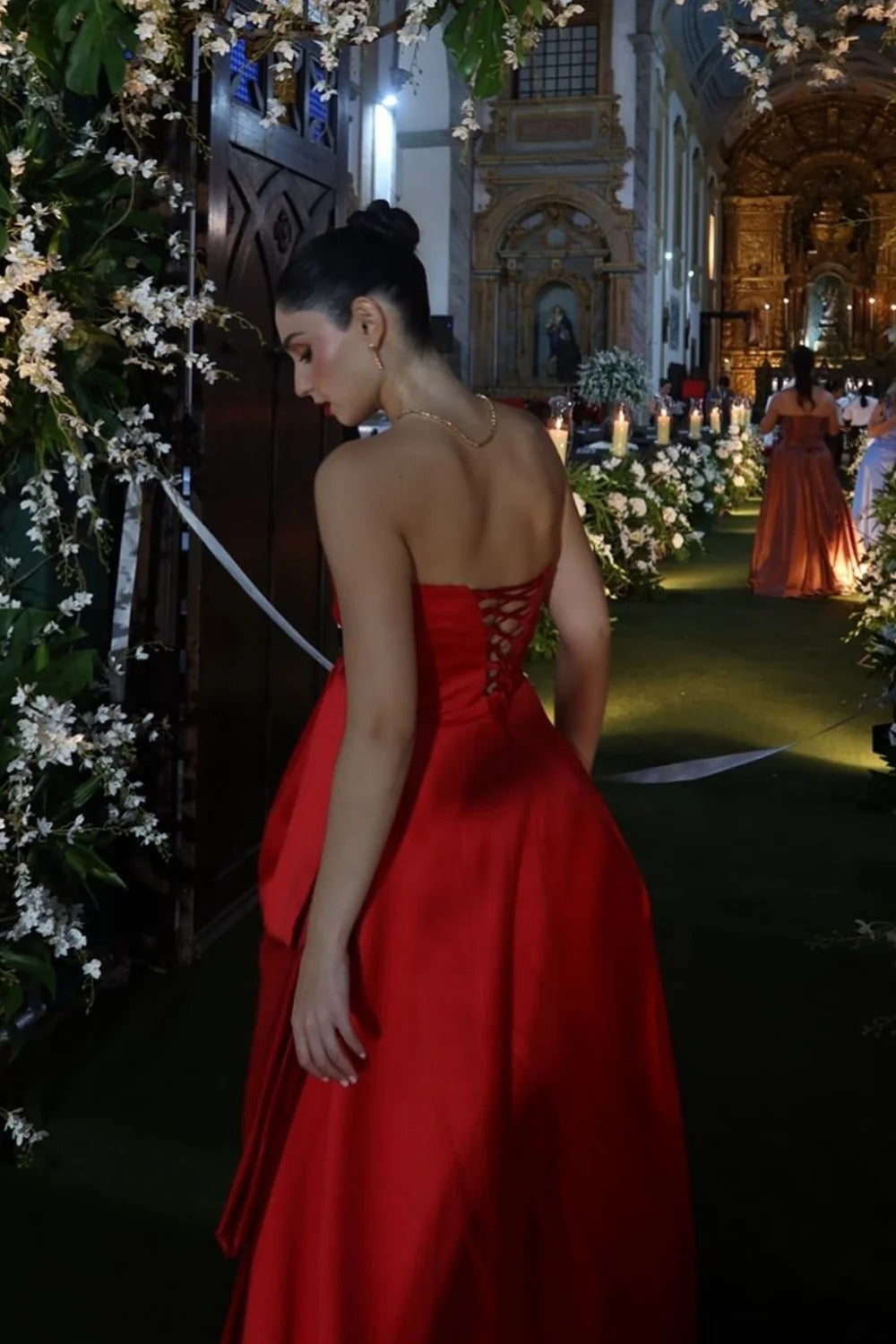 Red Strapless Tiered Satin Backless Lace-Up Gown – Formal Evening Dress