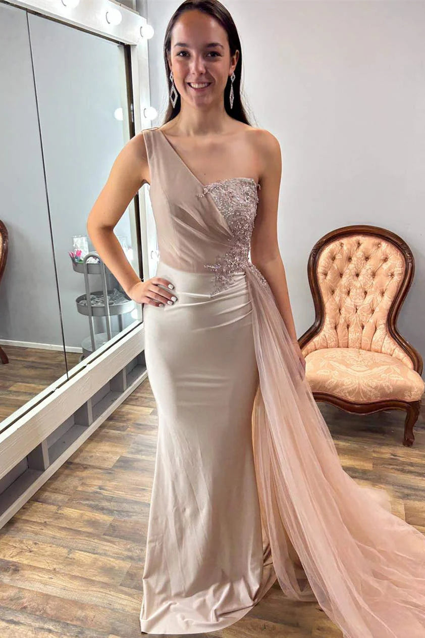 Refined Mermaid One-Shoulder Beaded Tulle-Overlay Floor-Length Prom Dress