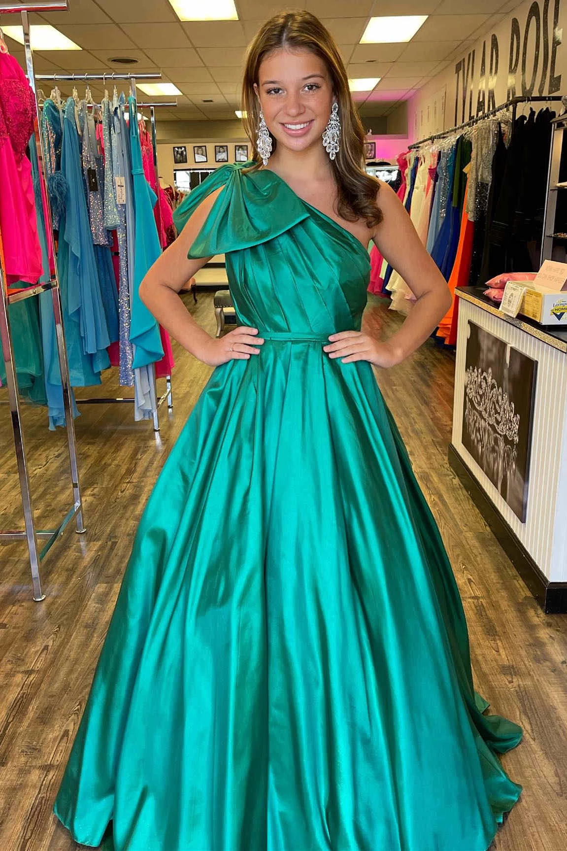 Regal A-Line One-Shoulder Bow Floor-Length Satin Prom Dress