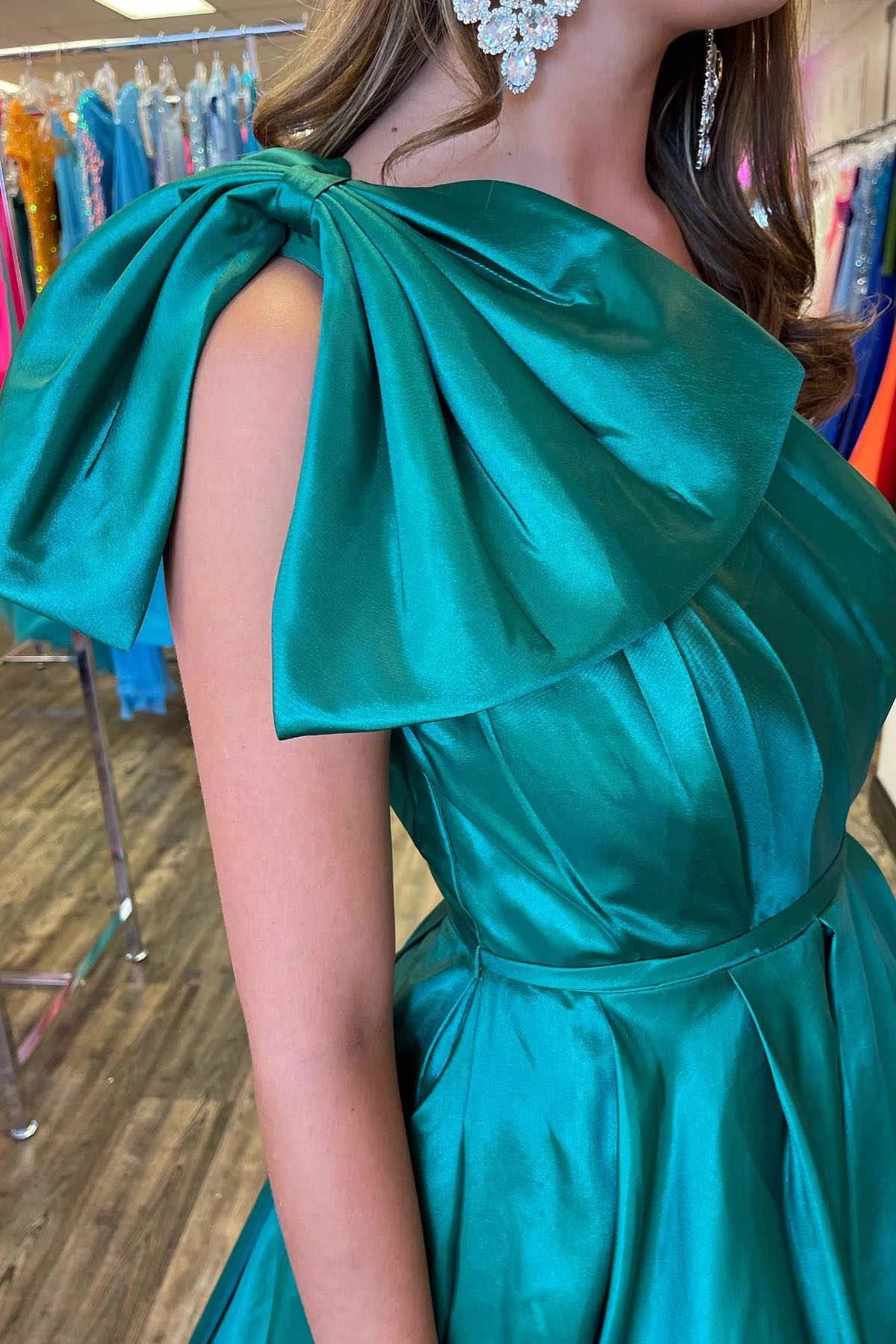 Regal A-Line One-Shoulder Bow Floor-Length Satin Prom Dress