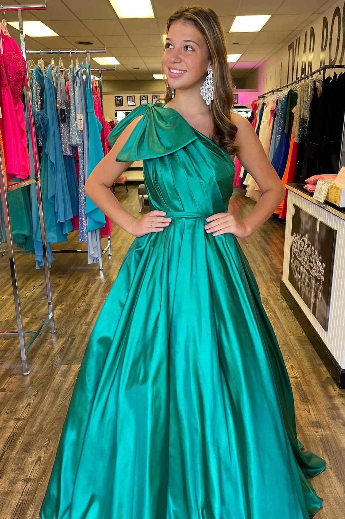 Regal A-Line One-Shoulder Bow Floor-Length Satin Prom Dress