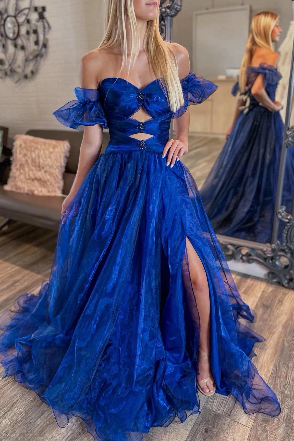 Regal A-Line Sweetheart Off-Shoulder Cutout High-Slit Floor-Length Prom Dress