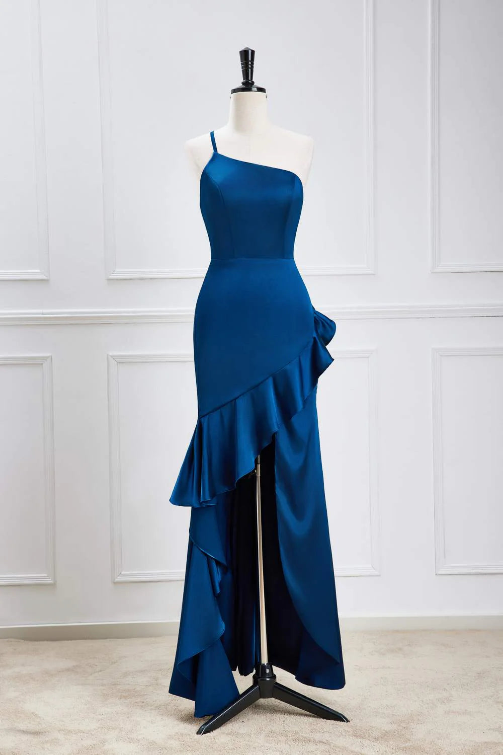 Regal Mermaid One-Shoulder Sleeveless Ruffled Slit Floor-Length Prom Dress