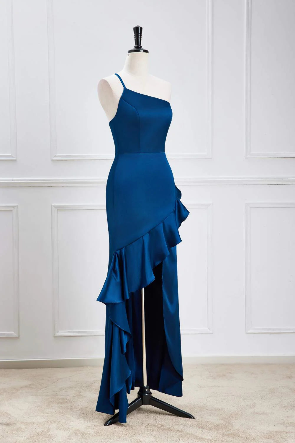 Regal Mermaid One-Shoulder Sleeveless Ruffled Slit Floor-Length Prom Dress